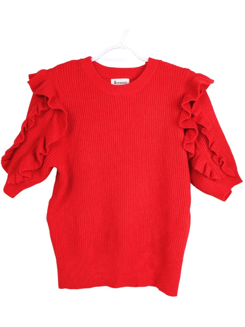 &Merci Red Ruffle Sleeve Sweater Women’s Large Statement Knit Pullover